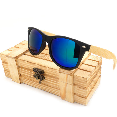 Vintage Black Square Sunglasses With Bamboo Legs Mirrored Polarized Style Travel in Wood Box