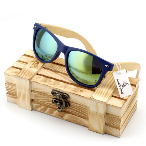 Men's Bamboo Wood Sunglasses in Vintage Style with Plastic Frame & Polarized UV Protection Colorful Lens In Box