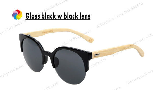 Half Bamboo Sunglasses Points Women Round Lenses Women Cateye Wooden Vintage Sunglass lunette de soleil