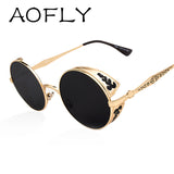 AOFLY Steampunk Vintage Sunglass round sunglasses women brand metal carving sun glasses men S1635