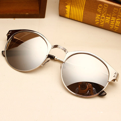Ultra-textured metal retro round frame sunglasses face-lift color reflective sunglass Couple models